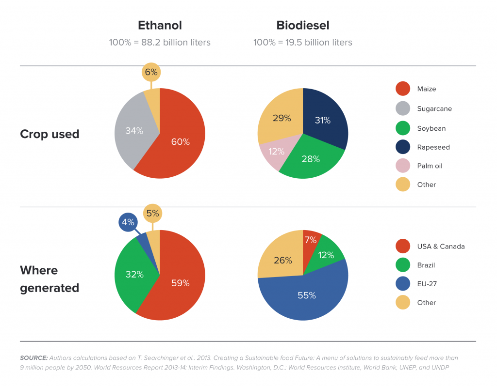 Shares of feedstocks and places in global liquid biofuels production (2010)

